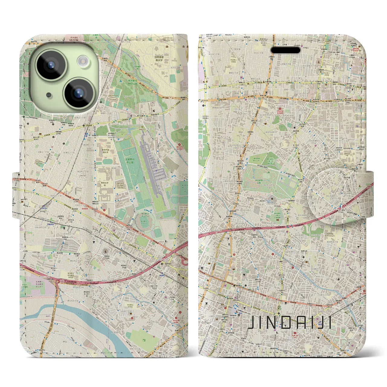 【深大寺（東京都）】地図柄iPhoneケース（手帳タイプ）ナチュラル・iPhone 15 用