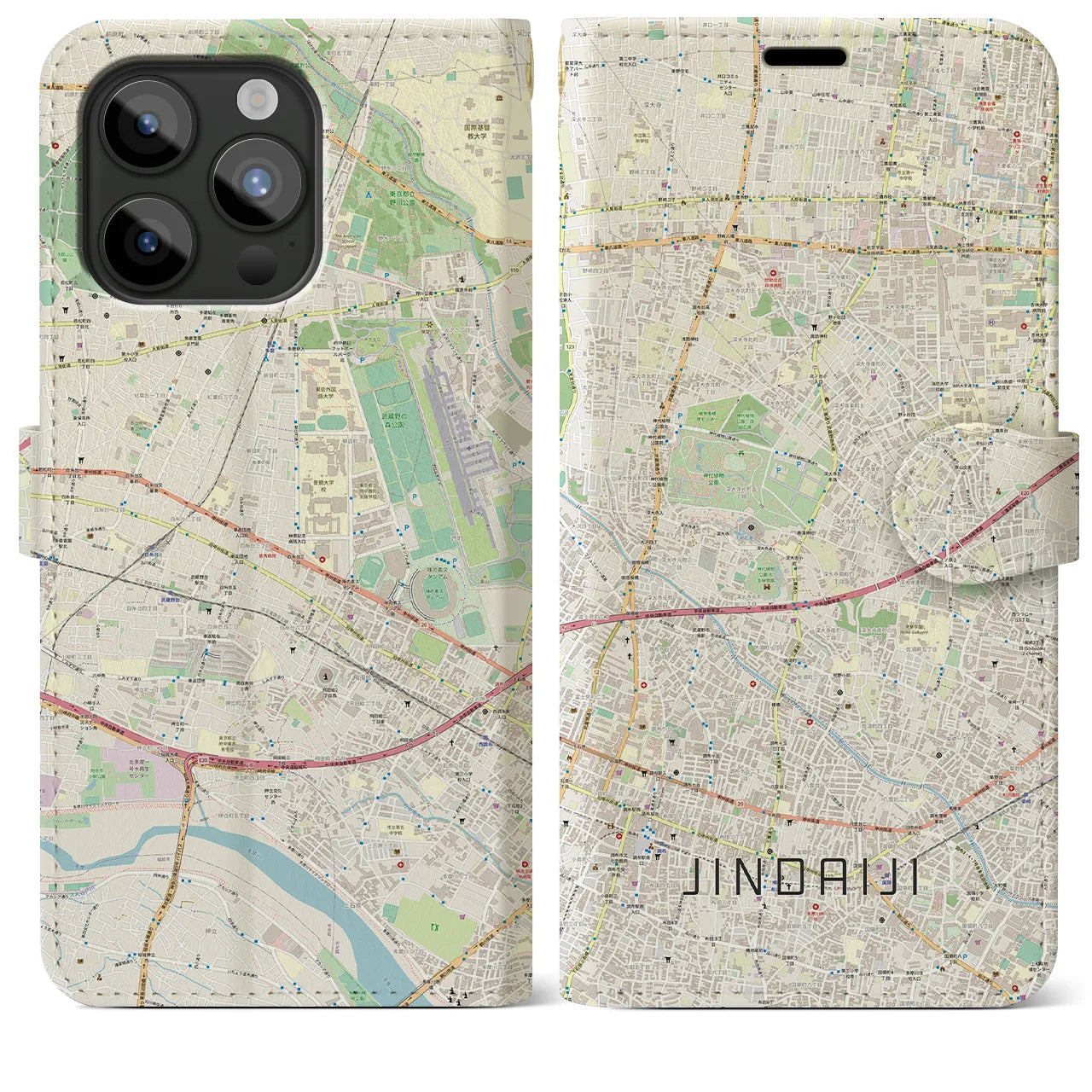 【深大寺（東京都）】地図柄iPhoneケース（手帳タイプ）ナチュラル・iPhone 15 Pro Max 用