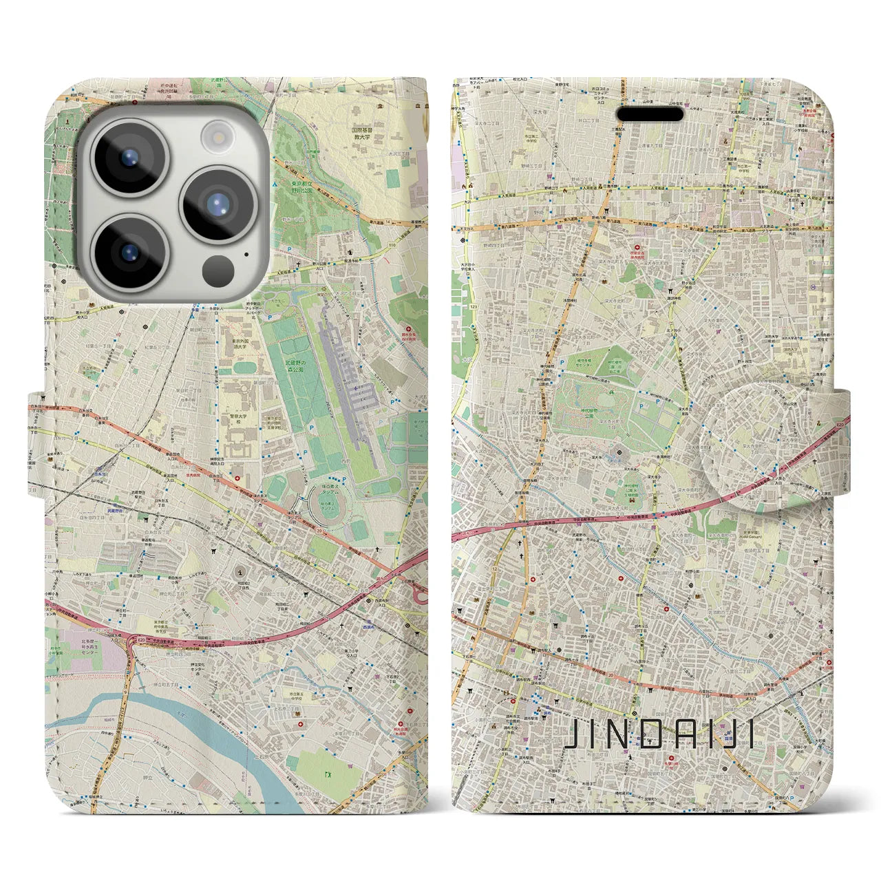 【深大寺（東京都）】地図柄iPhoneケース（手帳タイプ）ナチュラル・iPhone 15 Pro 用