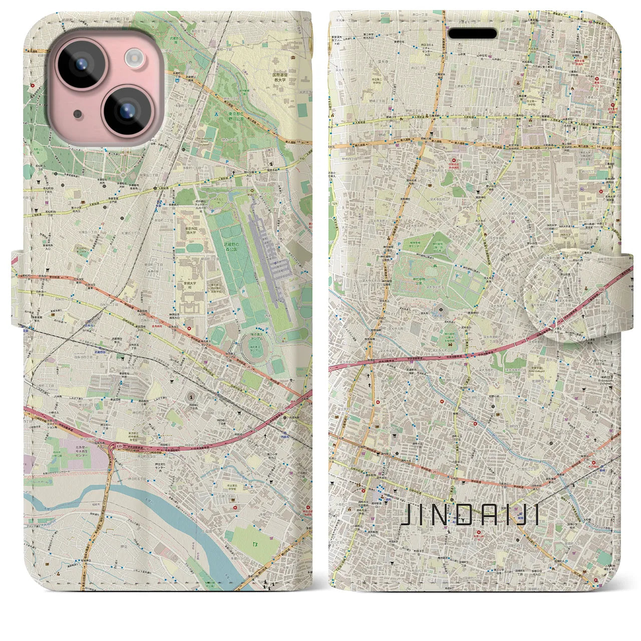 【深大寺（東京都）】地図柄iPhoneケース（手帳タイプ）ナチュラル・iPhone 15 Plus 用