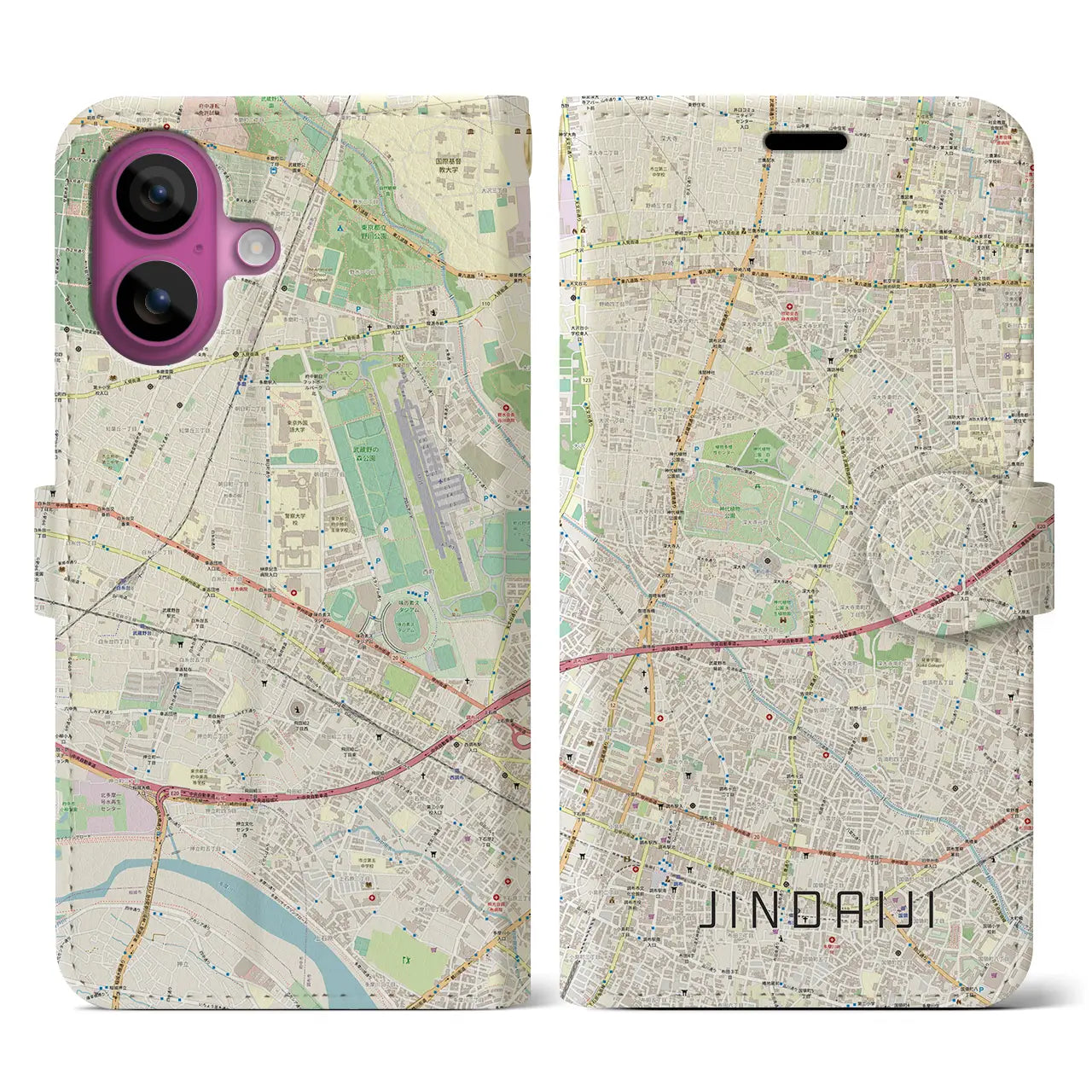 【深大寺（東京都）】地図柄iPhoneケース（手帳タイプ）ナチュラル・iPhone 16 Pro 用