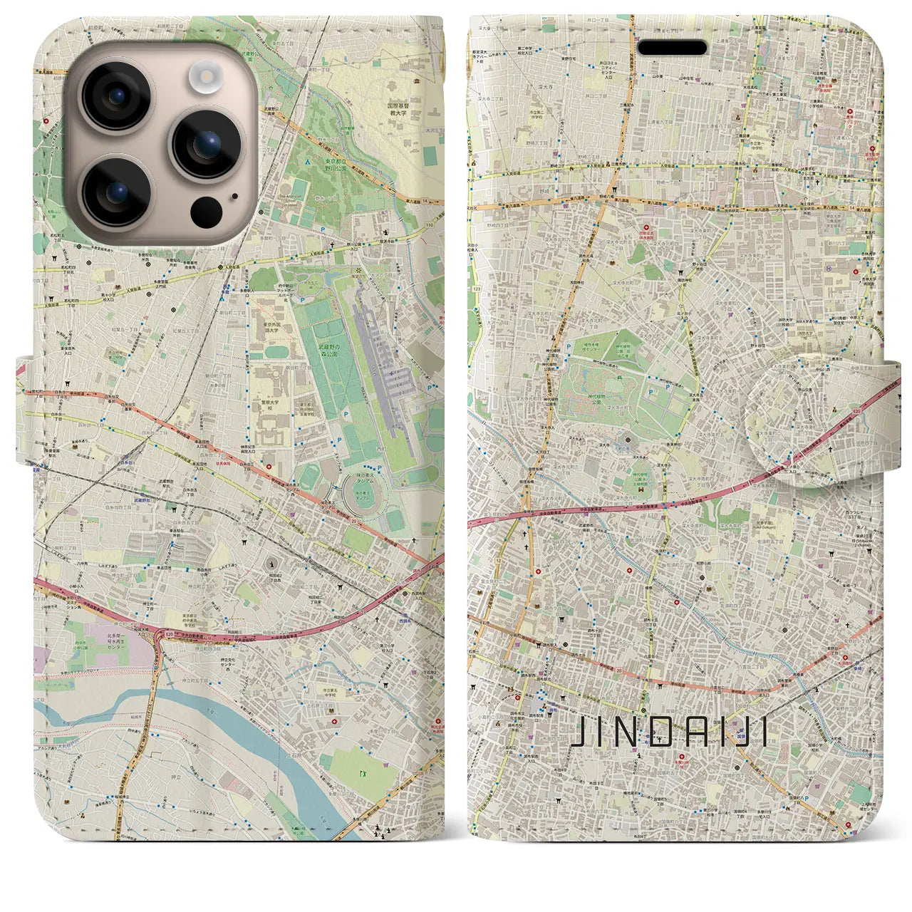 【深大寺（東京都）】地図柄iPhoneケース（手帳タイプ）ナチュラル・iPhone 16 Plus 用