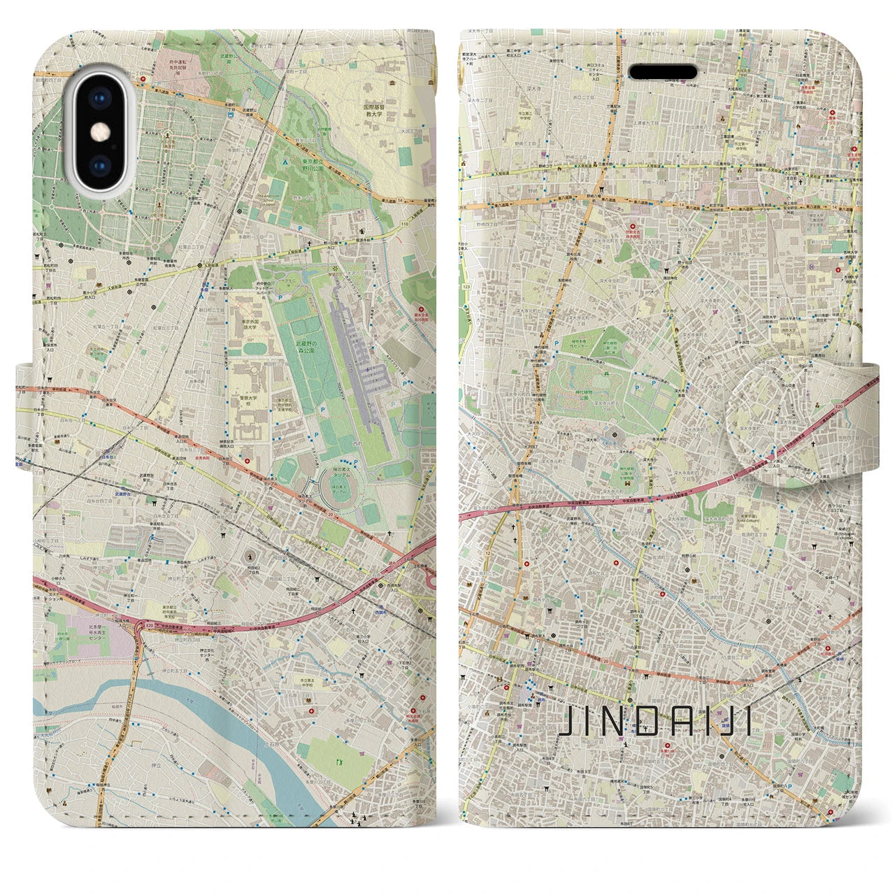 【深大寺（東京都）】地図柄iPhoneケース（手帳タイプ）ナチュラル・iPhone XS Max 用