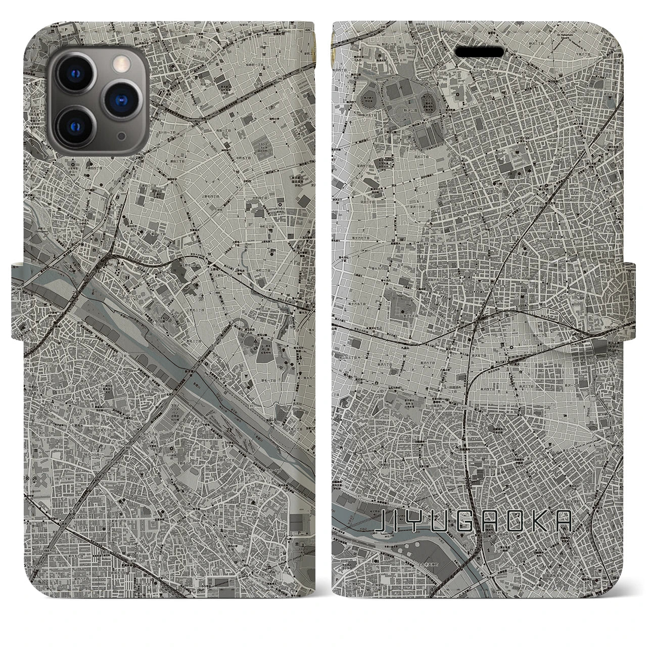 【自由が丘】地図柄iPhoneケース（手帳両面タイプ・モノトーン）iPhone 11 Pro Max 用