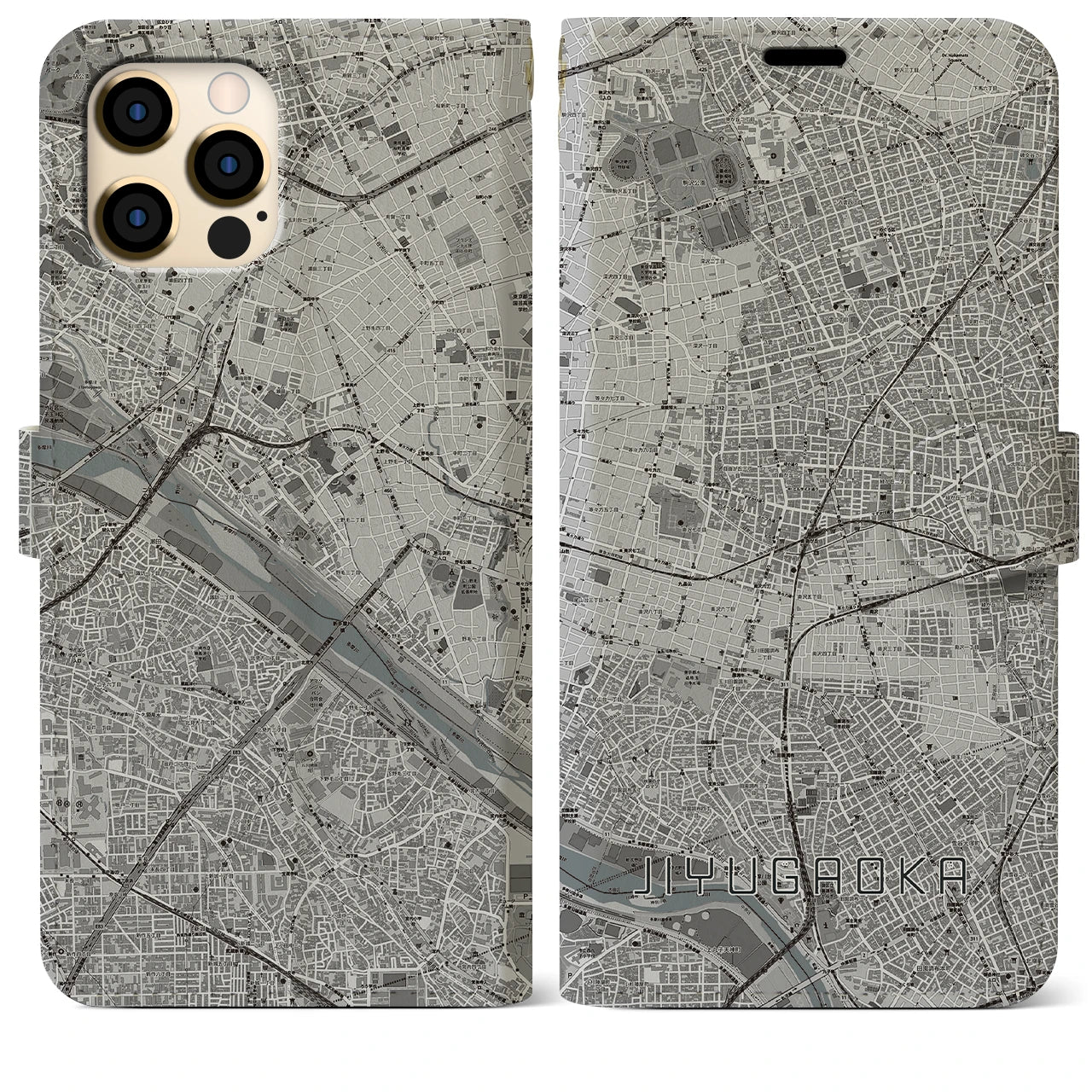 【自由が丘】地図柄iPhoneケース（手帳両面タイプ・モノトーン）iPhone 12 Pro Max 用