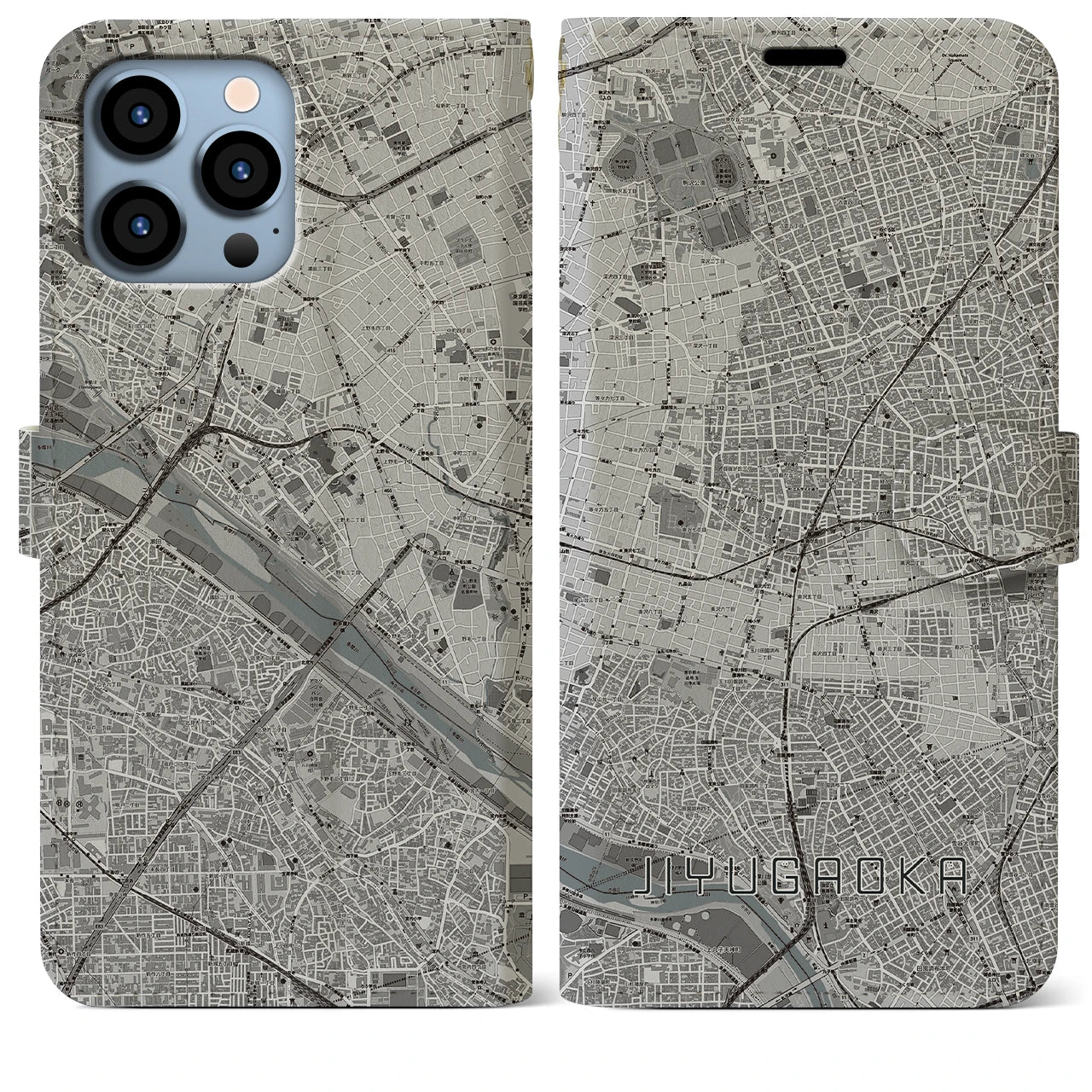 【自由が丘】地図柄iPhoneケース（手帳両面タイプ・モノトーン）iPhone 13 Pro Max 用