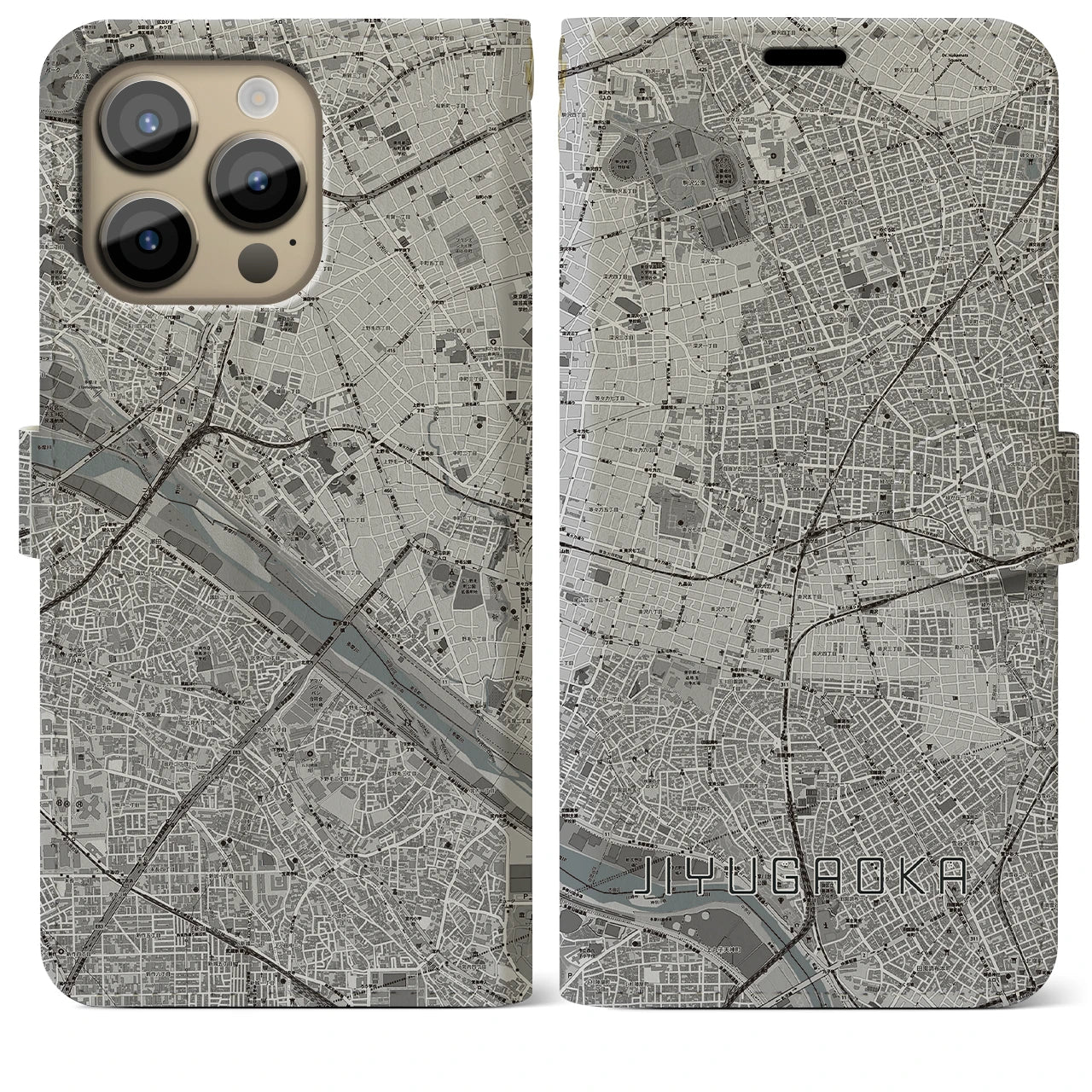 【自由が丘】地図柄iPhoneケース（手帳両面タイプ・モノトーン）iPhone 14 Pro Max 用