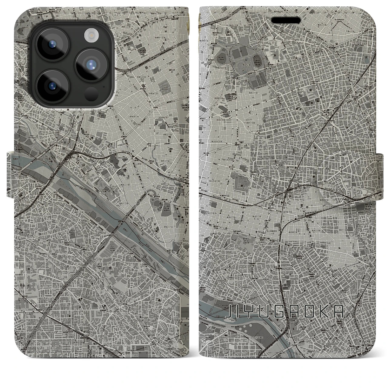 【自由が丘】地図柄iPhoneケース（手帳両面タイプ・モノトーン）iPhone 15 Pro Max 用