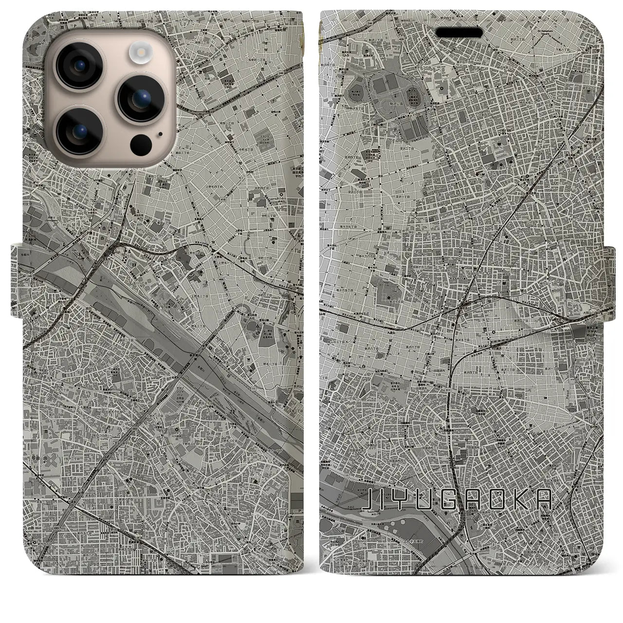 【自由が丘（東京都）】地図柄iPhoneケース（手帳タイプ）モノトーン・iPhone 16 Plus 用