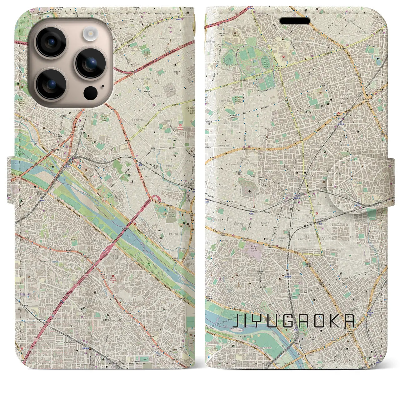 【自由が丘（東京都）】地図柄iPhoneケース（手帳タイプ）ナチュラル・iPhone 16 Plus 用