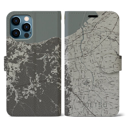 【上越（新潟県）】地図柄iPhoneケース（手帳タイプ）モノトーン・iPhone 12 / 12 Pro 用