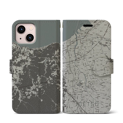 【上越（新潟県）】地図柄iPhoneケース（手帳タイプ）モノトーン・iPhone 13 mini 用