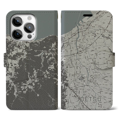 【上越（新潟県）】地図柄iPhoneケース（手帳タイプ）モノトーン・iPhone 14 Pro 用