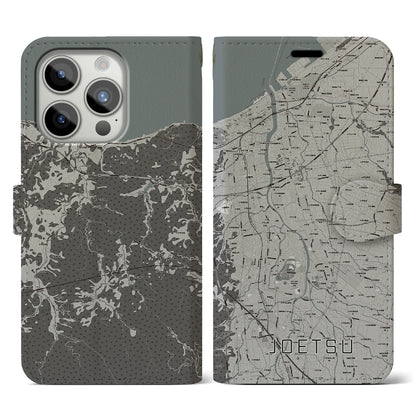 【上越（新潟県）】地図柄iPhoneケース（手帳タイプ）モノトーン・iPhone 15 Pro 用