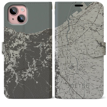 【上越（新潟県）】地図柄iPhoneケース（手帳タイプ）モノトーン・iPhone 15 Plus 用