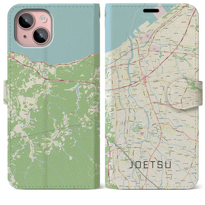 【上越（新潟県）】地図柄iPhoneケース（手帳タイプ）ナチュラル・iPhone 15 Plus 用