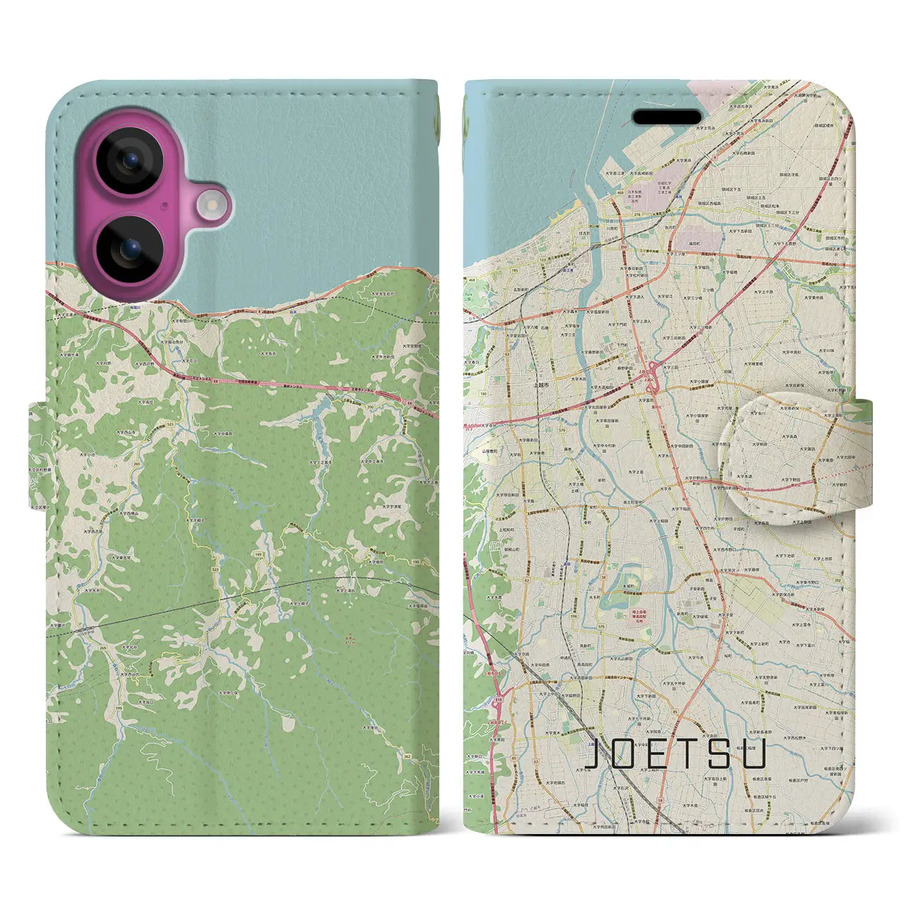 【上越（新潟県）】地図柄iPhoneケース（手帳タイプ）ナチュラル・iPhone 16 Pro 用