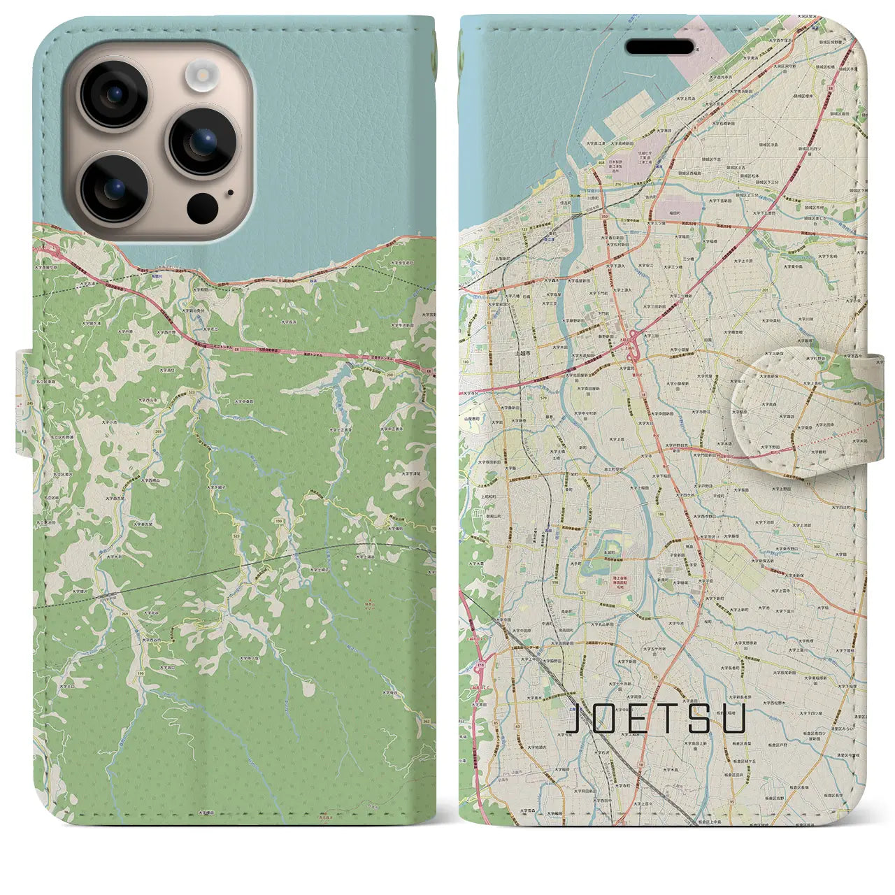 【上越（新潟県）】地図柄iPhoneケース（手帳タイプ）ナチュラル・iPhone 16 Plus 用