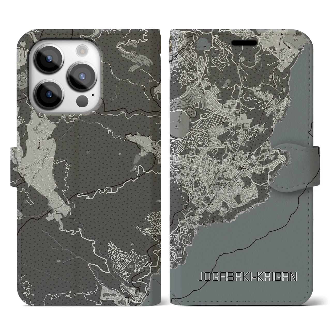 【城ヶ崎海岸】地図柄iPhoneケース（手帳両面タイプ・モノトーン）iPhone 14 Pro 用
