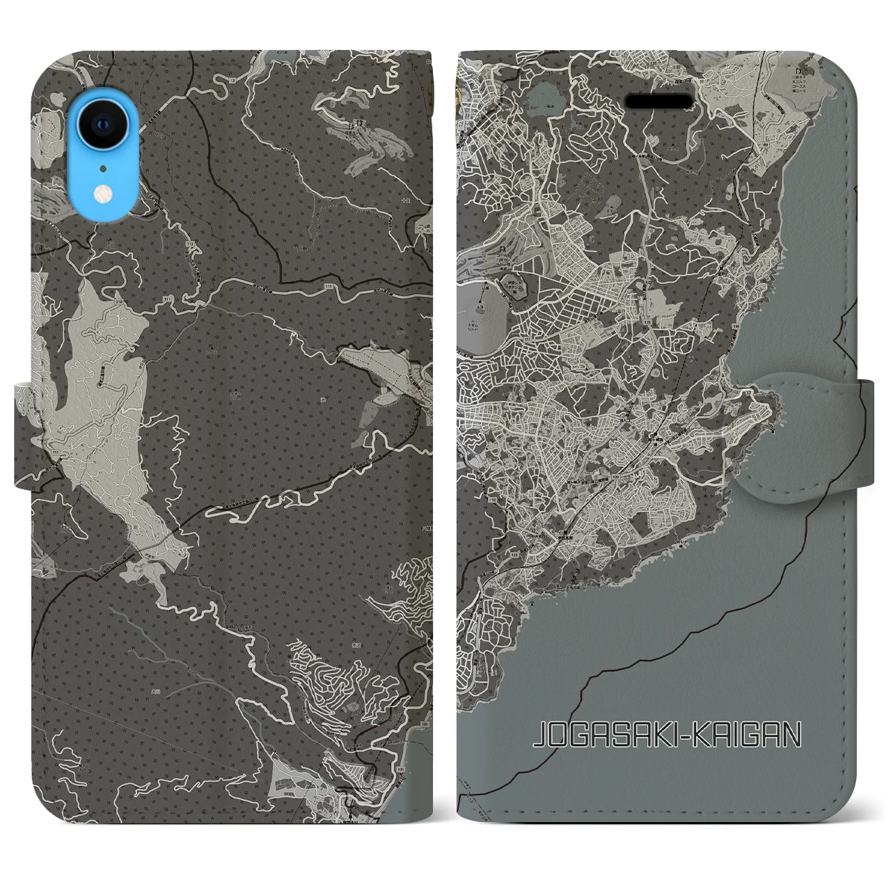【城ヶ崎海岸】地図柄iPhoneケース（手帳両面タイプ・モノトーン）iPhone XR 用