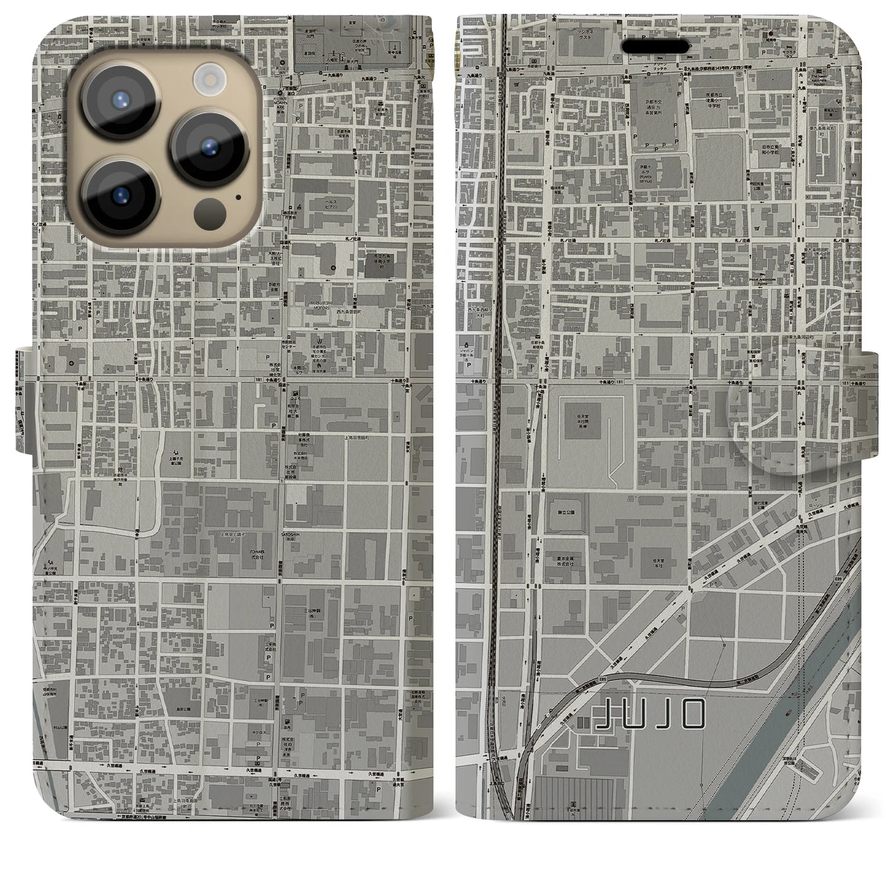 【十条（京都府）】地図柄iPhoneケース（手帳両面タイプ・モノトーン）iPhone 14 Pro Max 用