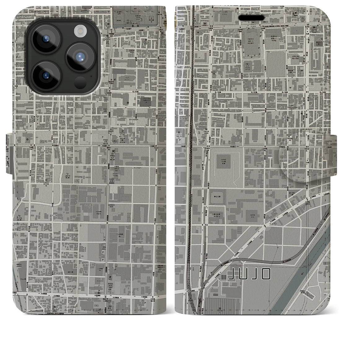 【十条（京都府）】地図柄iPhoneケース（手帳両面タイプ・モノトーン）iPhone 15 Pro Max 用