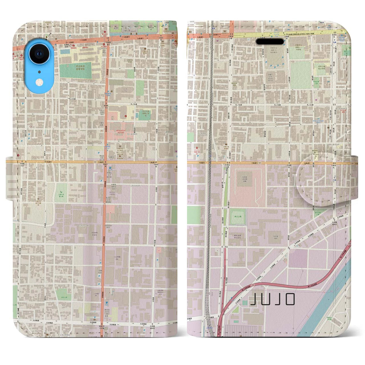 【十条（京都府）】地図柄iPhoneケース（手帳タイプ）ナチュラル・iPhone XR 用