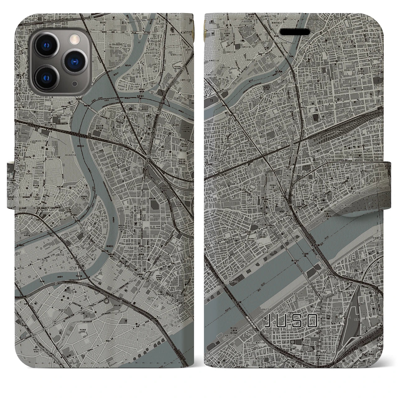 【十三】地図柄iPhoneケース（手帳両面タイプ・モノトーン）iPhone 11 Pro Max 用