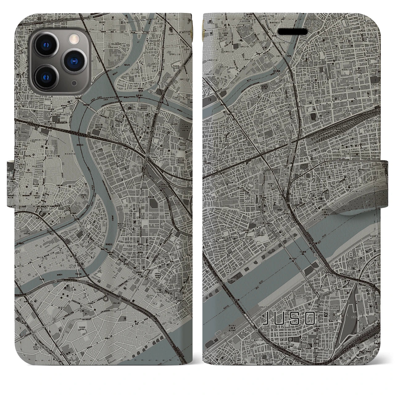 【十三（大阪府）】地図柄iPhoneケース（手帳タイプ）モノトーン・iPhone 11 Pro Max 用