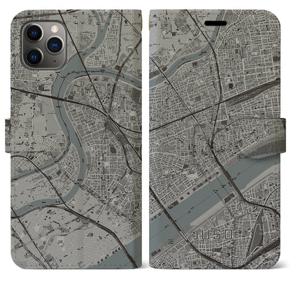 【十三（大阪府）】地図柄iPhoneケース（手帳タイプ）モノトーン・iPhone 11 Pro Max 用
