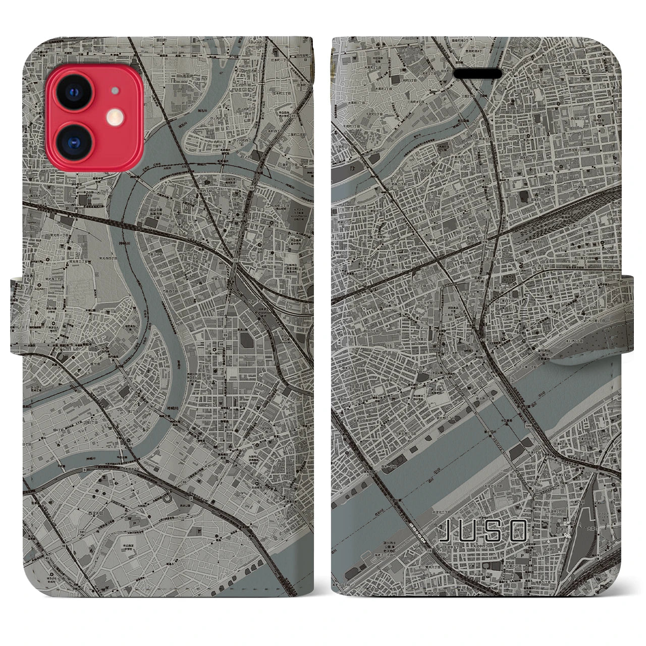 【十三（大阪府）】地図柄iPhoneケース（手帳タイプ）モノトーン・iPhone 11 用