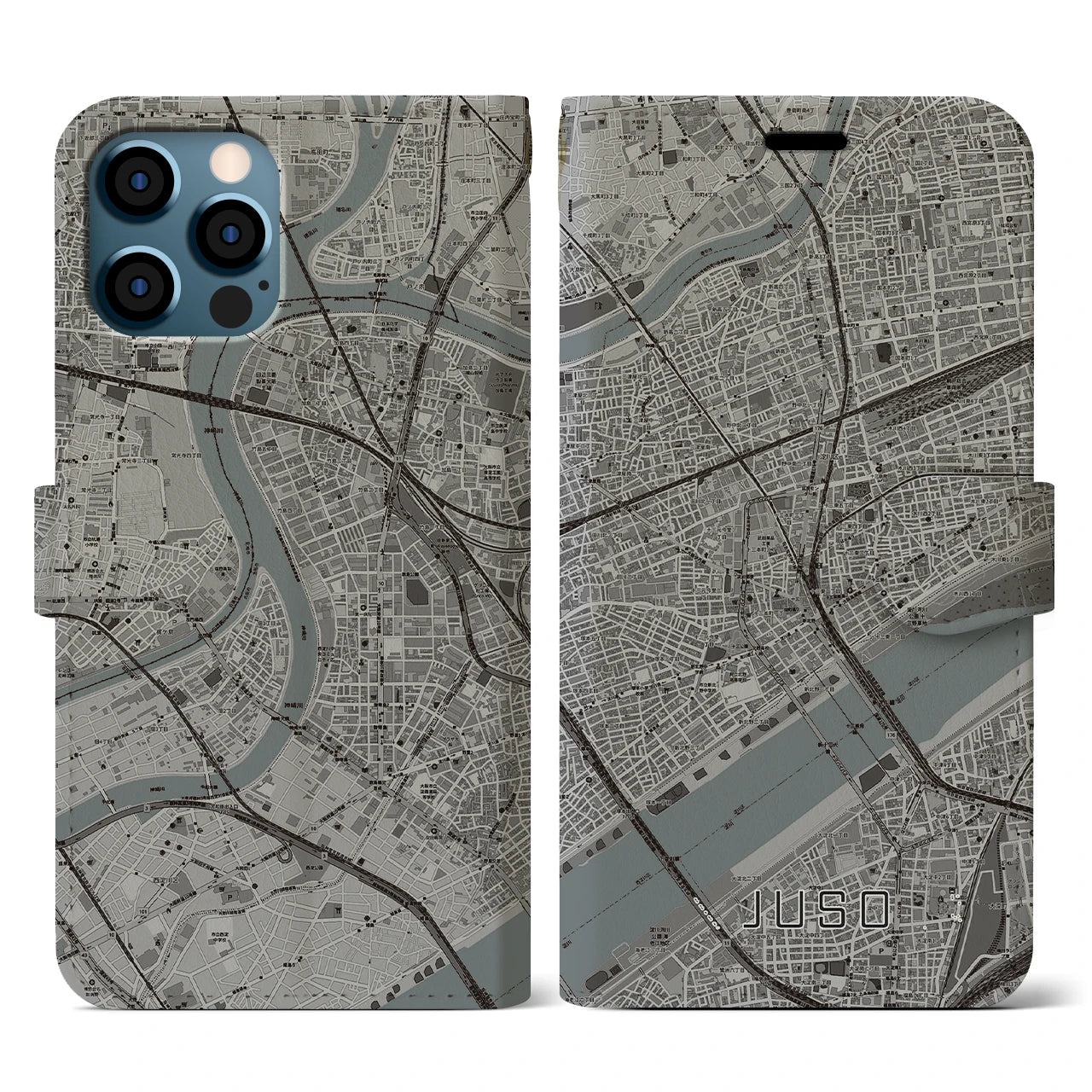 【十三（大阪府）】地図柄iPhoneケース（手帳タイプ）モノトーン・iPhone 12 / 12 Pro 用