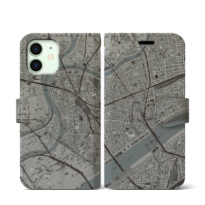 【十三（大阪府）】地図柄iPhoneケース（手帳タイプ）モノトーン・iPhone 12 mini 用