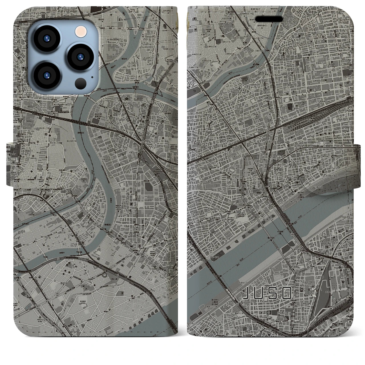 【十三】地図柄iPhoneケース（手帳両面タイプ・モノトーン）iPhone 13 Pro Max 用