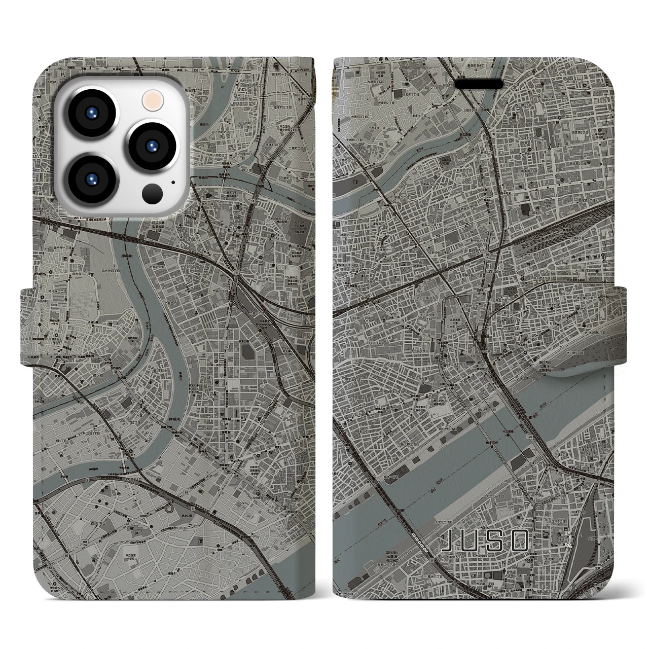 【十三】地図柄iPhoneケース（手帳両面タイプ・モノトーン）iPhone 13 Pro 用