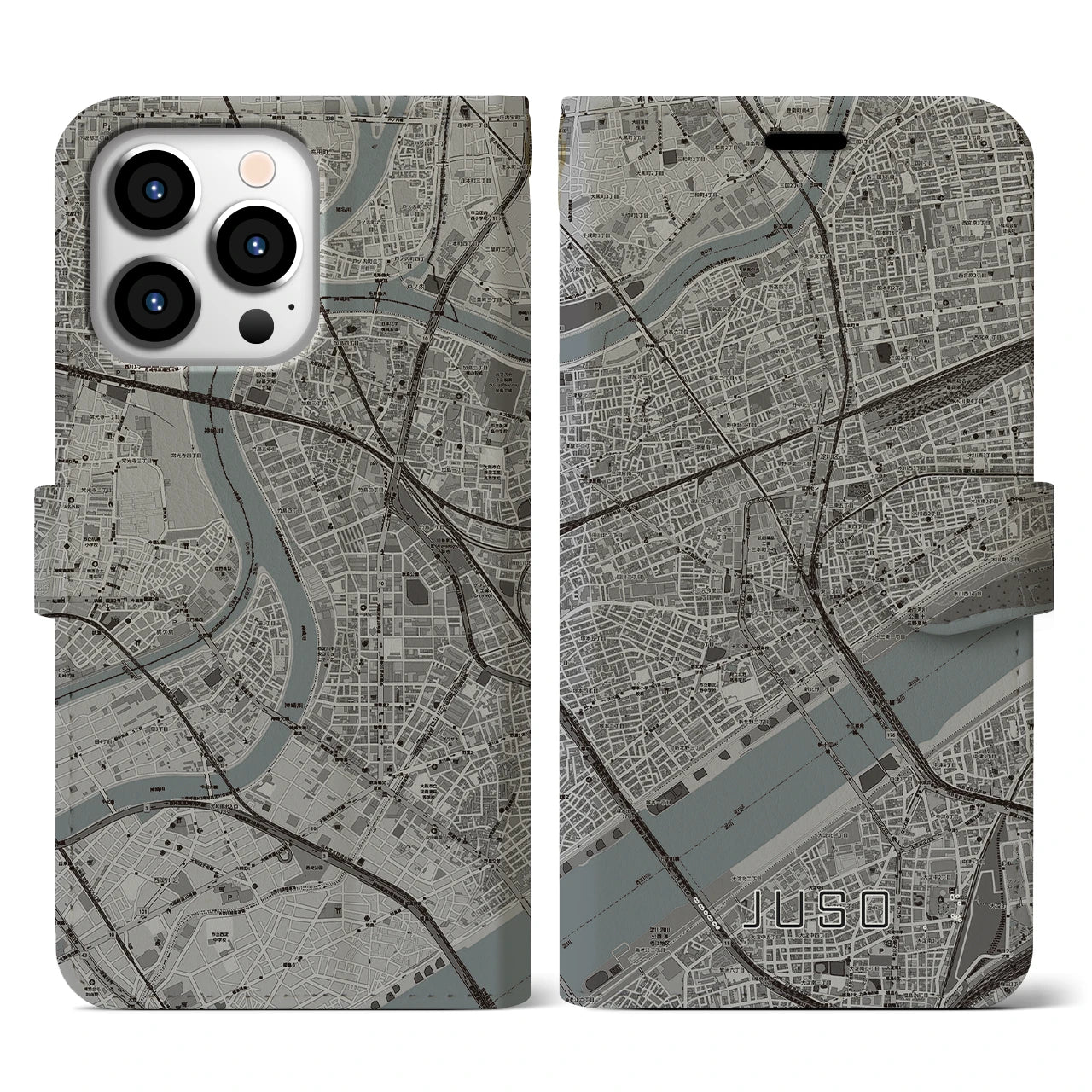 【十三（大阪府）】地図柄iPhoneケース（手帳タイプ）モノトーン・iPhone 13 Pro 用