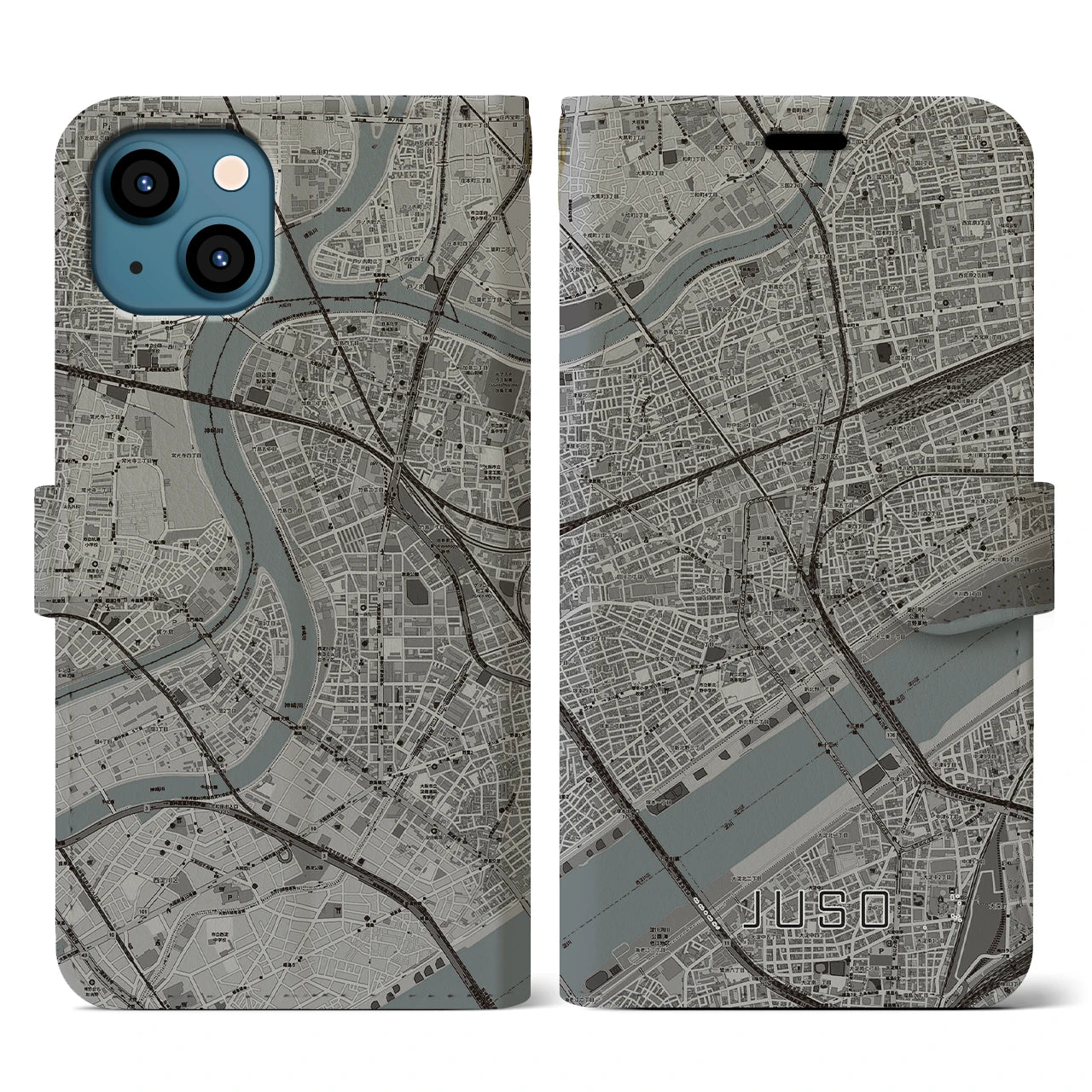 【十三（大阪府）】地図柄iPhoneケース（手帳タイプ）モノトーン・iPhone 13 用