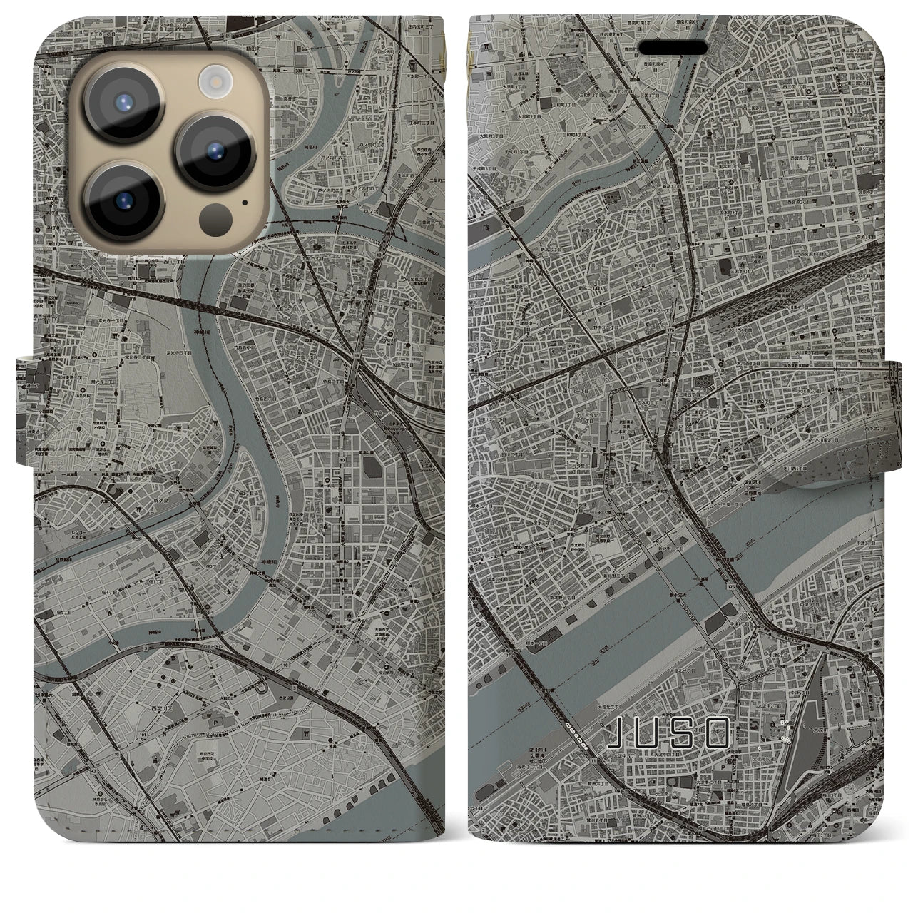 【十三】地図柄iPhoneケース（手帳両面タイプ・モノトーン）iPhone 14 Pro Max 用