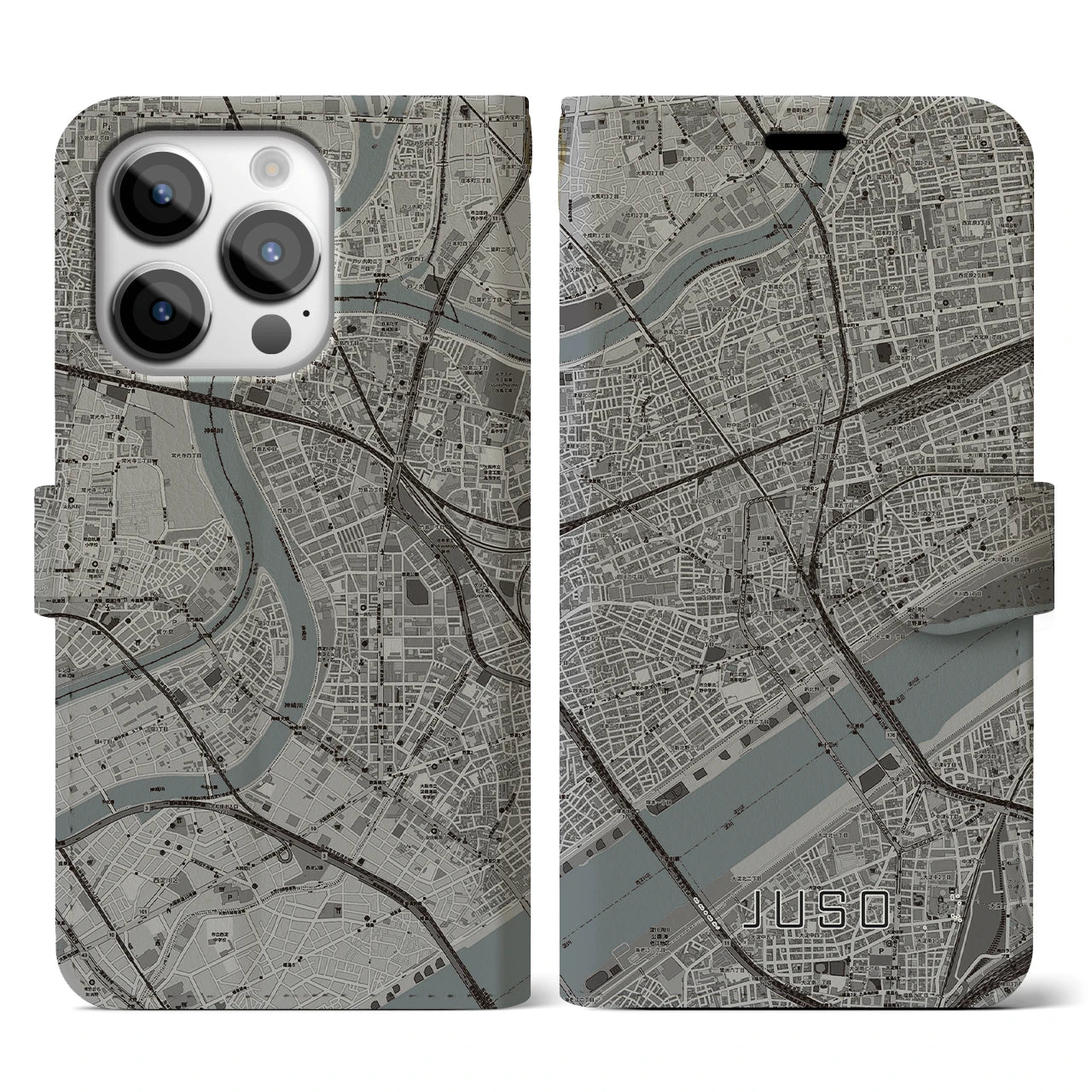 【十三（大阪府）】地図柄iPhoneケース（手帳タイプ）モノトーン・iPhone 14 Pro 用