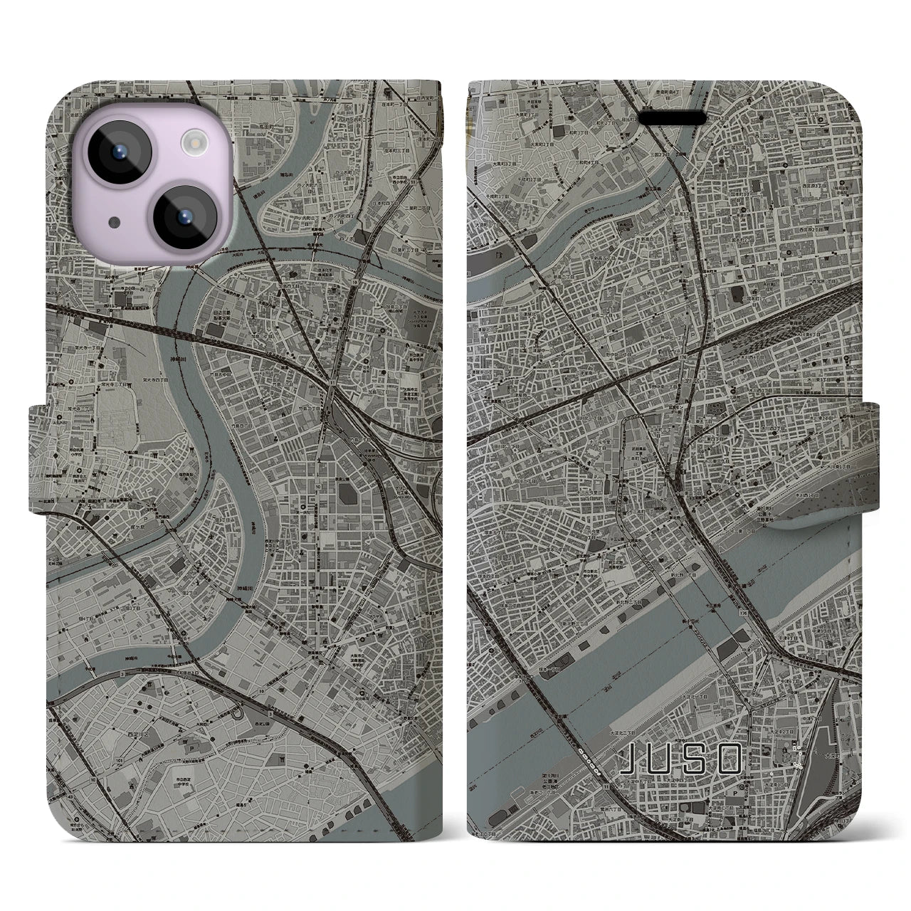 【十三（大阪府）】地図柄iPhoneケース（手帳タイプ）モノトーン・iPhone 14 用