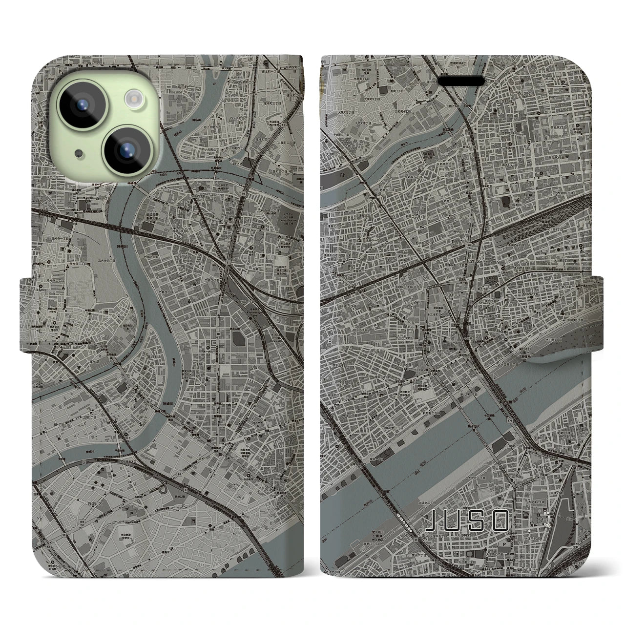 【十三】地図柄iPhoneケース（手帳両面タイプ・モノトーン）iPhone 15 用