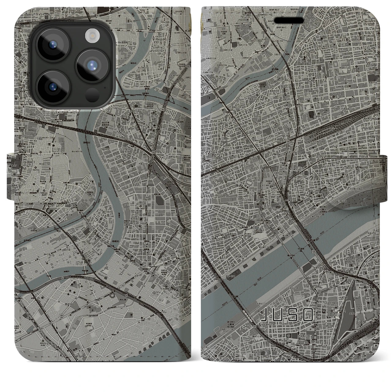 【十三】地図柄iPhoneケース（手帳両面タイプ・モノトーン）iPhone 15 Pro Max 用