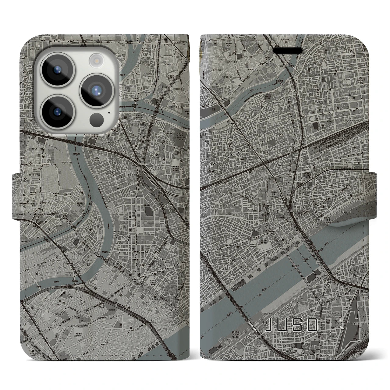 【十三】地図柄iPhoneケース（手帳両面タイプ・モノトーン）iPhone 15 Pro 用