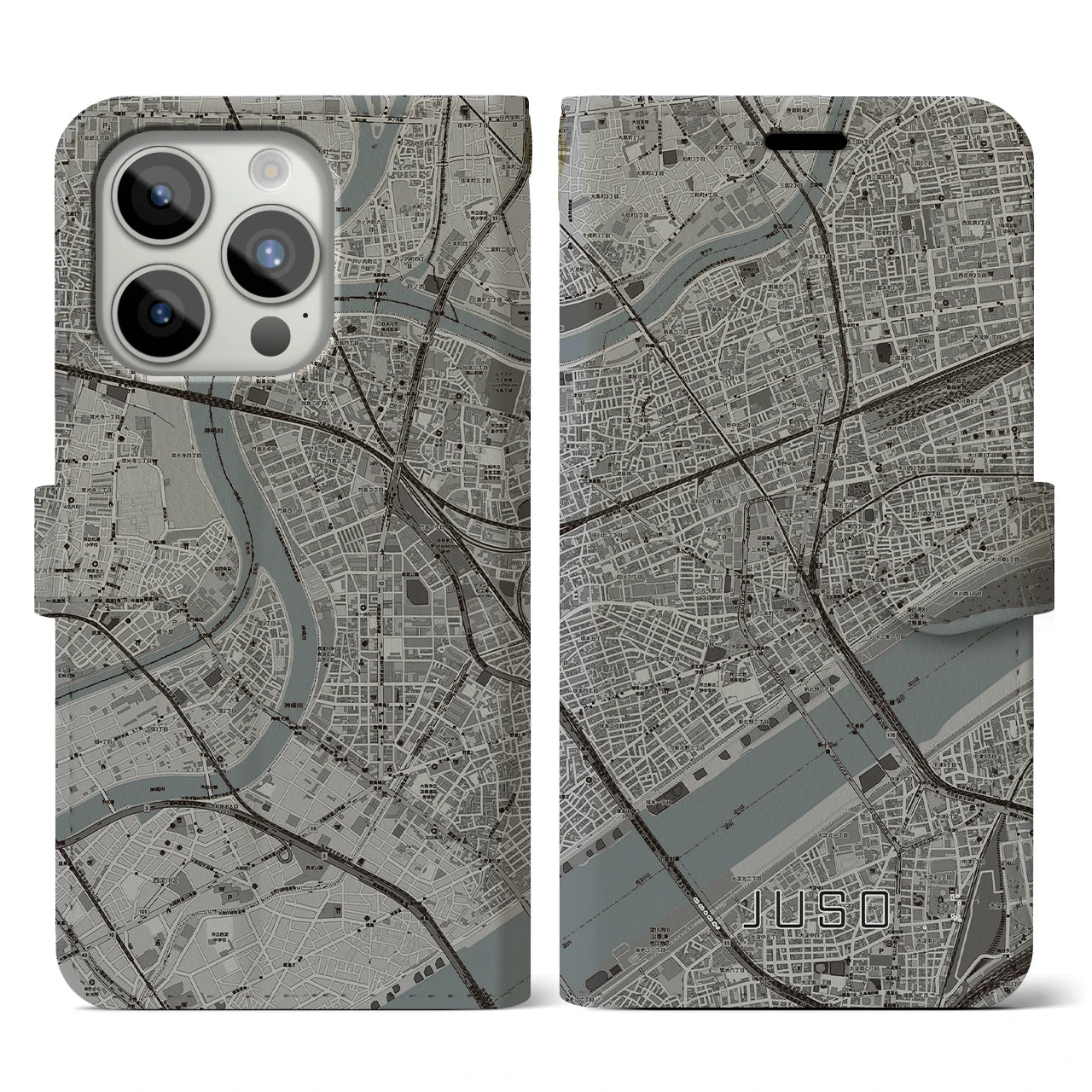 【十三（大阪府）】地図柄iPhoneケース（手帳タイプ）モノトーン・iPhone 15 Pro 用