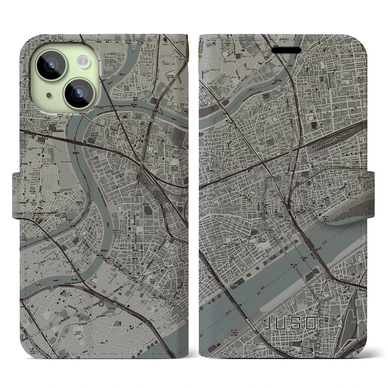 【十三（大阪府）】地図柄iPhoneケース（手帳タイプ）モノトーン・iPhone 15 用