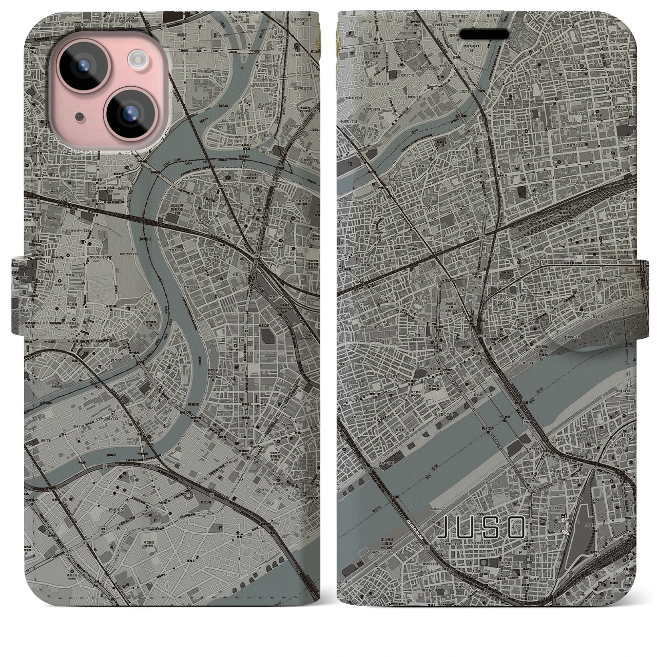 【十三（大阪府）】地図柄iPhoneケース（手帳タイプ）モノトーン・iPhone 15 Plus 用