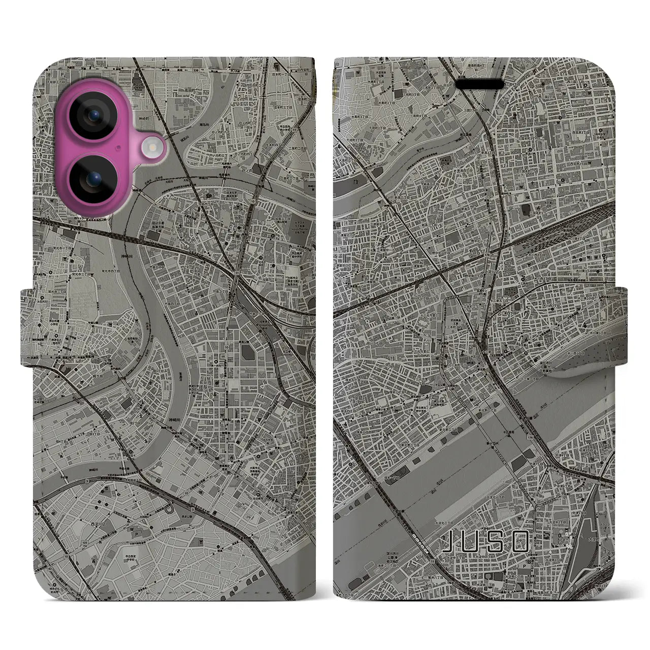 【十三（大阪府）】地図柄iPhoneケース（手帳タイプ）モノトーン・iPhone 16 Pro 用