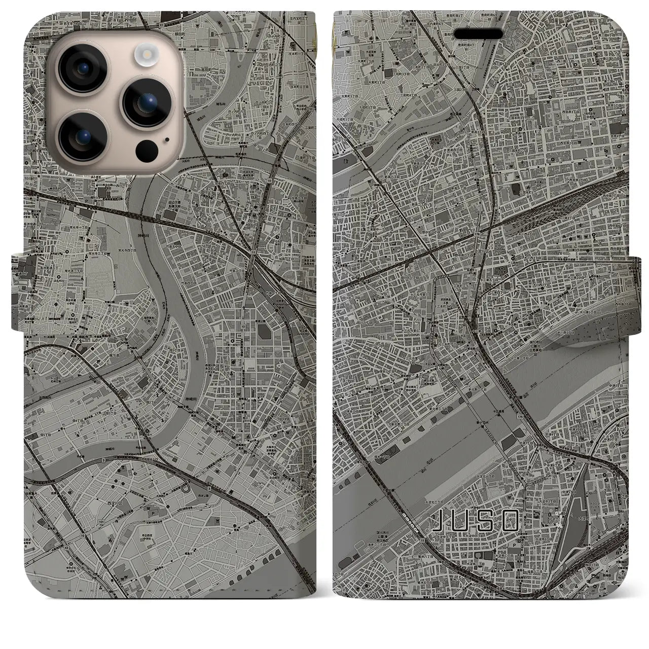 【十三（大阪府）】地図柄iPhoneケース（手帳タイプ）モノトーン・iPhone 16 Plus 用