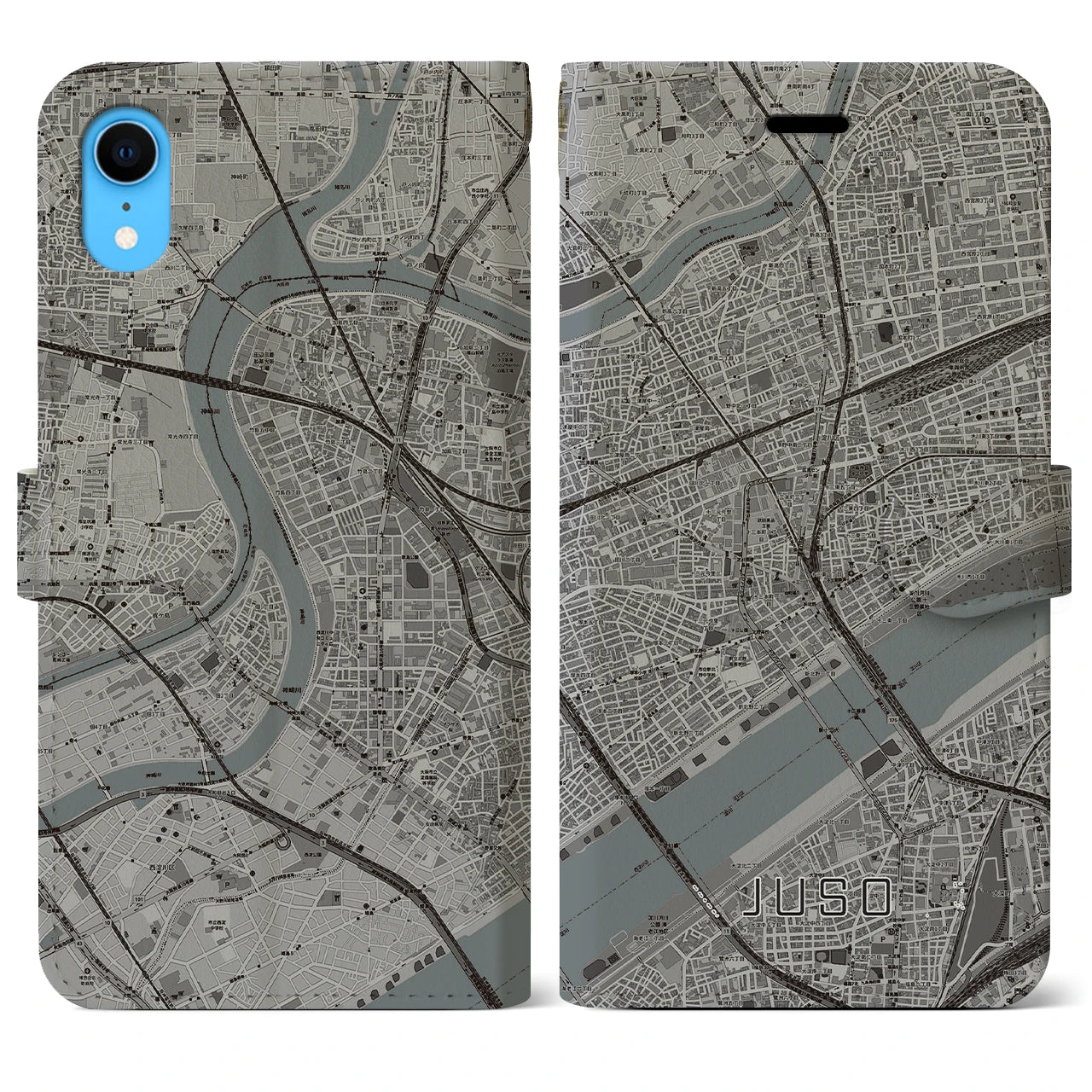 【十三（大阪府）】地図柄iPhoneケース（手帳タイプ）モノトーン・iPhone XR 用