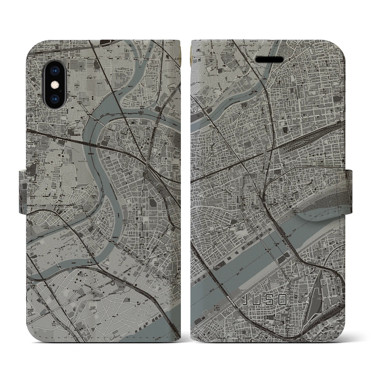 【十三（大阪府）】地図柄iPhoneケース（手帳タイプ）モノトーン・iPhone XS / X 用